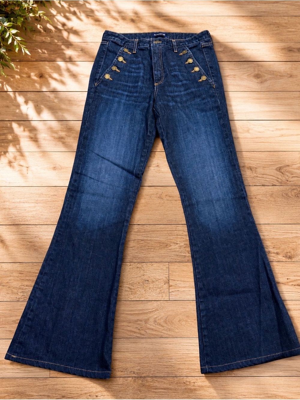 Ramy Brook Dark Blue Flare Jeans with Gold Button Accent